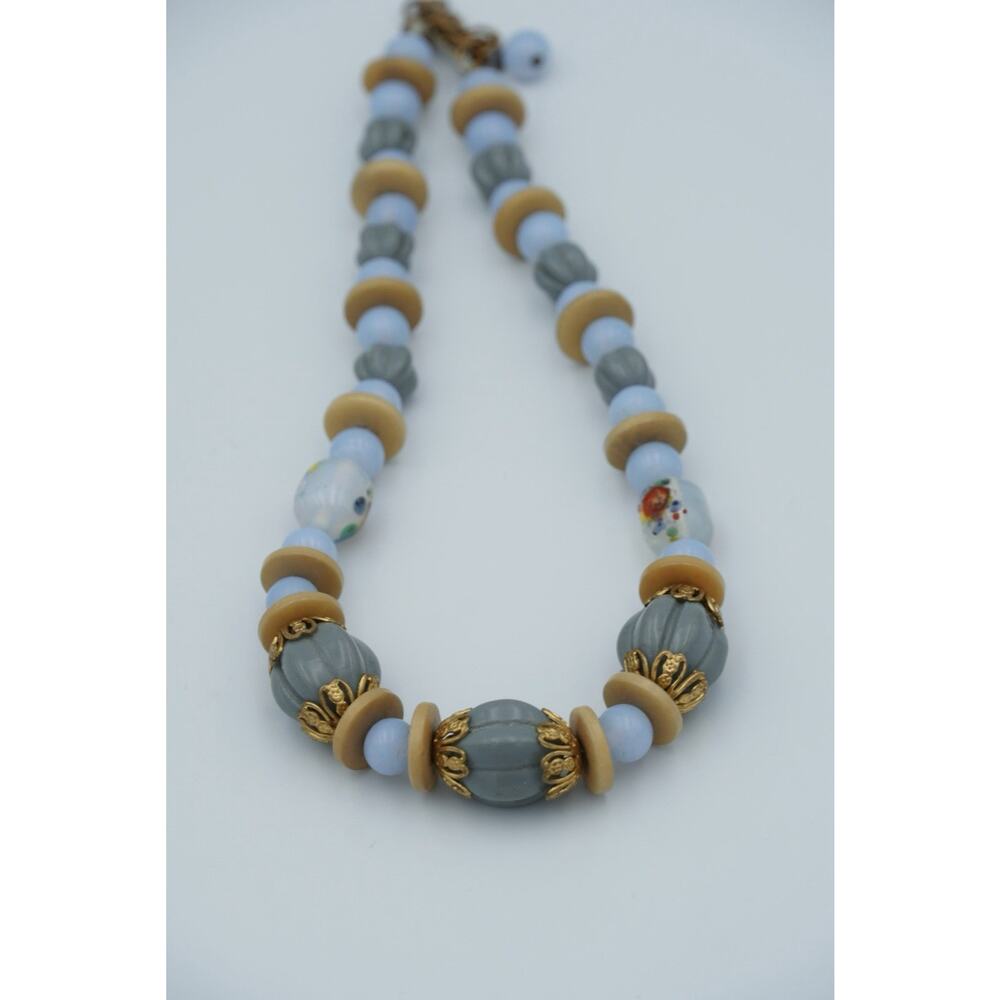Vintage Glass Bead Necklace Blue Gray Gold Tone Spacer Beads Adjustable